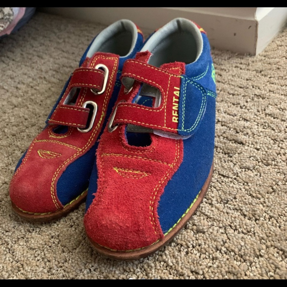 red and blue leather bowling shoes